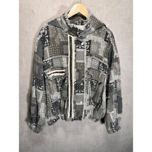 POL High Neck Paisley Patchwork Bomber Full Zip Hooded Jacket Black Womens Large